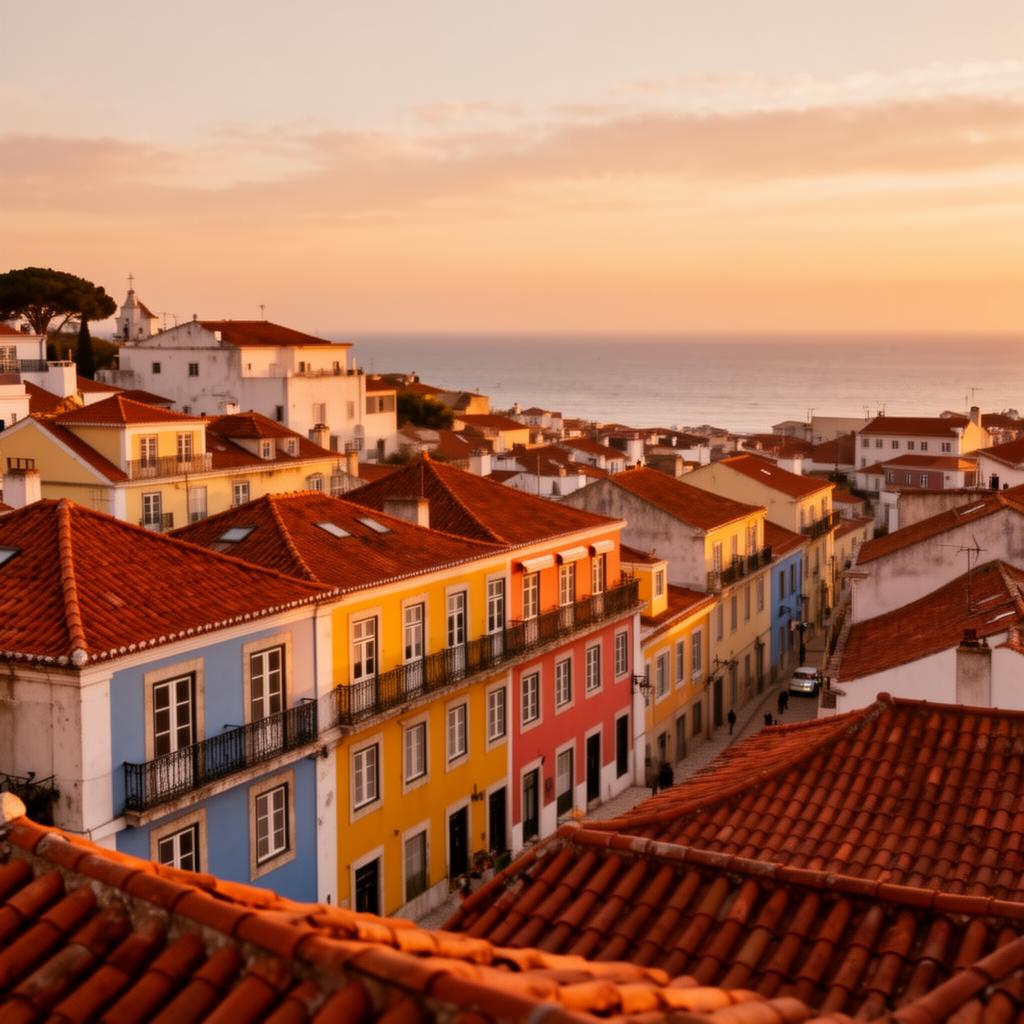 Sunset over colorful Lisbon rooftops with ocean in the distance
